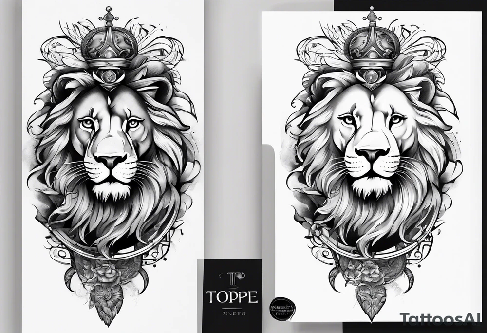 Sleeve tattoo with the word topete, a compass and a lions head tattoo idea