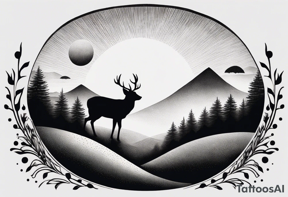 “Generate a minimalist tattoo showcasing a symmetrical scene of rolling hills and a rising sun, with small animals like deer or foxes incorporated into the design. tattoo idea