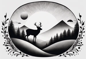“Generate a minimalist tattoo showcasing a symmetrical scene of rolling hills and a rising sun, with small animals like deer or foxes incorporated into the design. tattoo idea