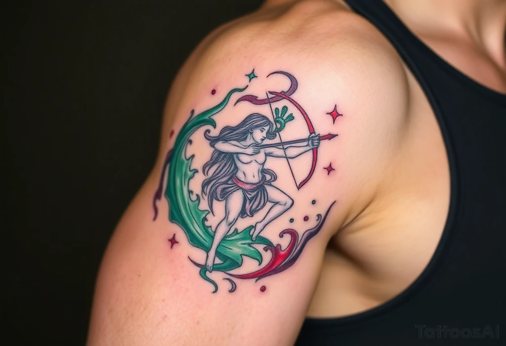 A Sagittarius figure engulfed in swirling cosmic energy, blending green, gray, and red tones tattoo idea