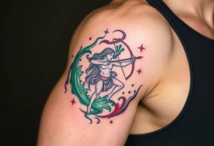 A Sagittarius figure engulfed in swirling cosmic energy, blending green, gray, and red tones tattoo idea