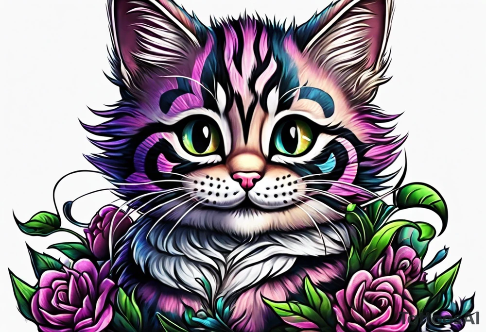 Cute Maine coon kitten dressed like Cheshire cat tattoo idea