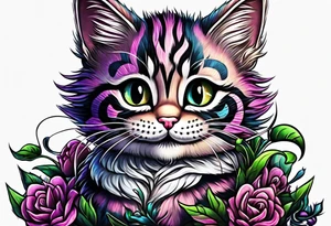 Cute Maine coon kitten dressed like Cheshire cat tattoo idea