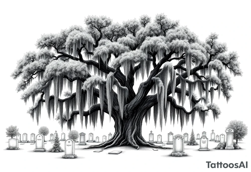 Oak tree with Spanish moss in a cemetery tattoo idea