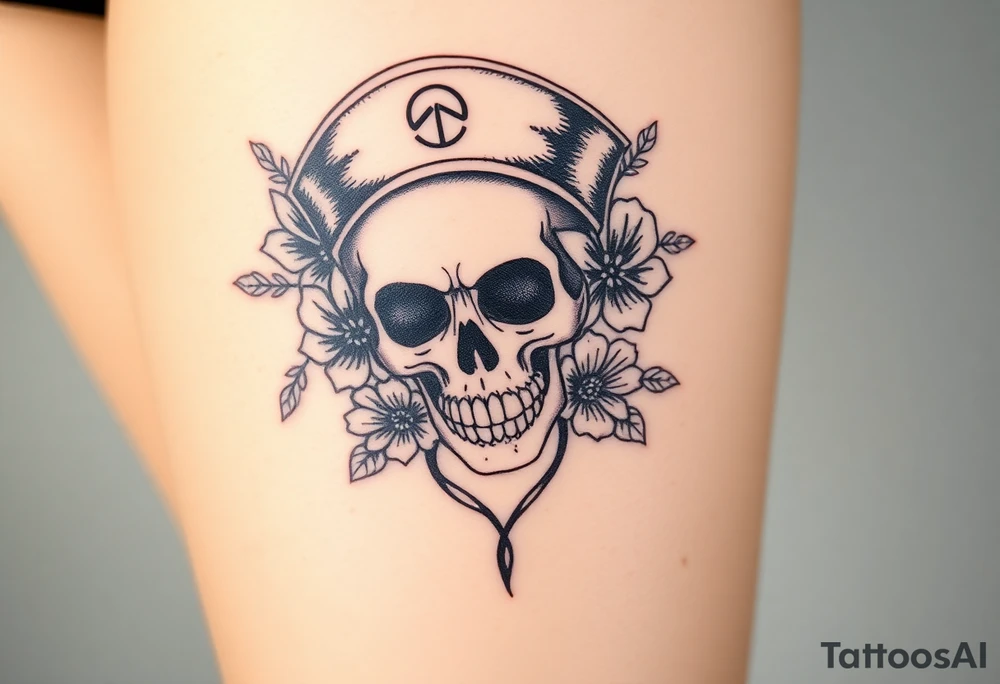 Nurse skull face with flower’s and honey combs background tattoo idea