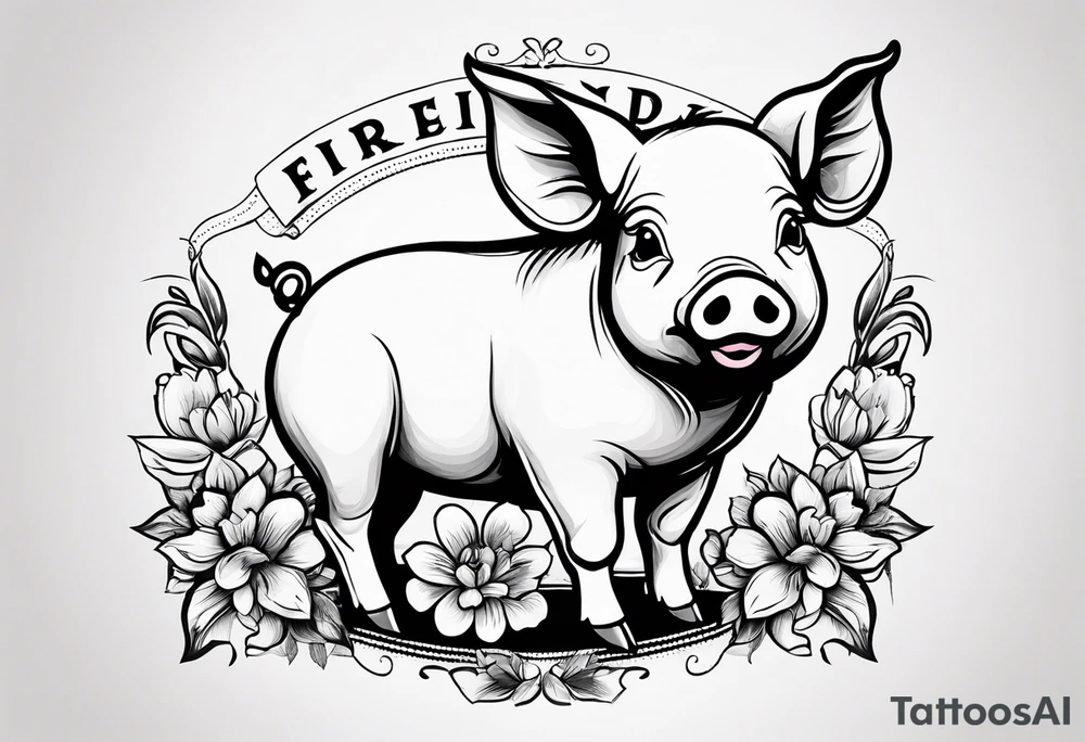 cute pig or piglet.
with text: "friends not food" 
very thin lines
cartoonish style tattoo idea