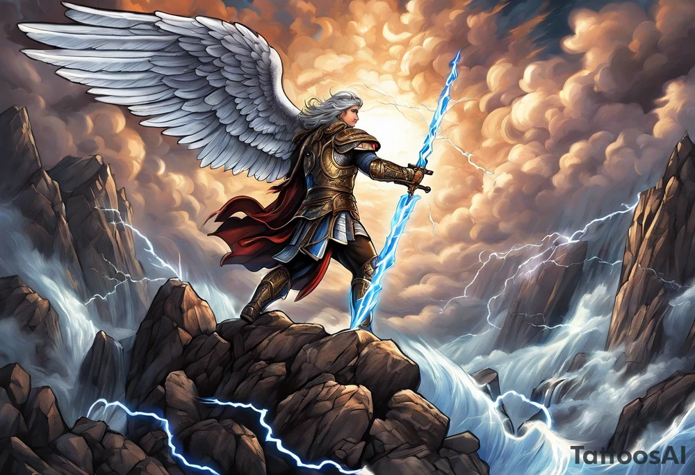 forearm sleeve of michael the archangel with clouds and lightning standing on rocks tattoo idea