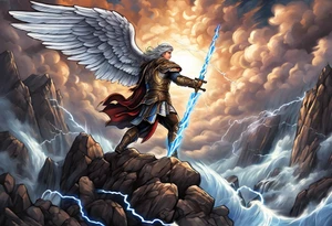 forearm sleeve of michael the archangel with clouds and lightning standing on rocks tattoo idea