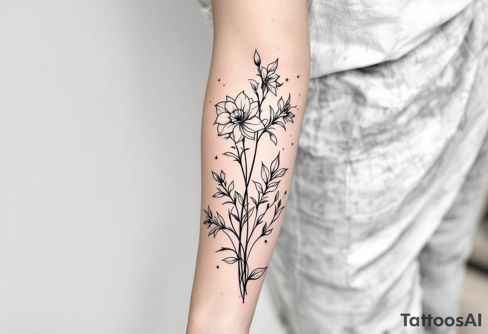 starting from a band mid-forearm, a sleeve of holly flowers and daffodils tattoo idea