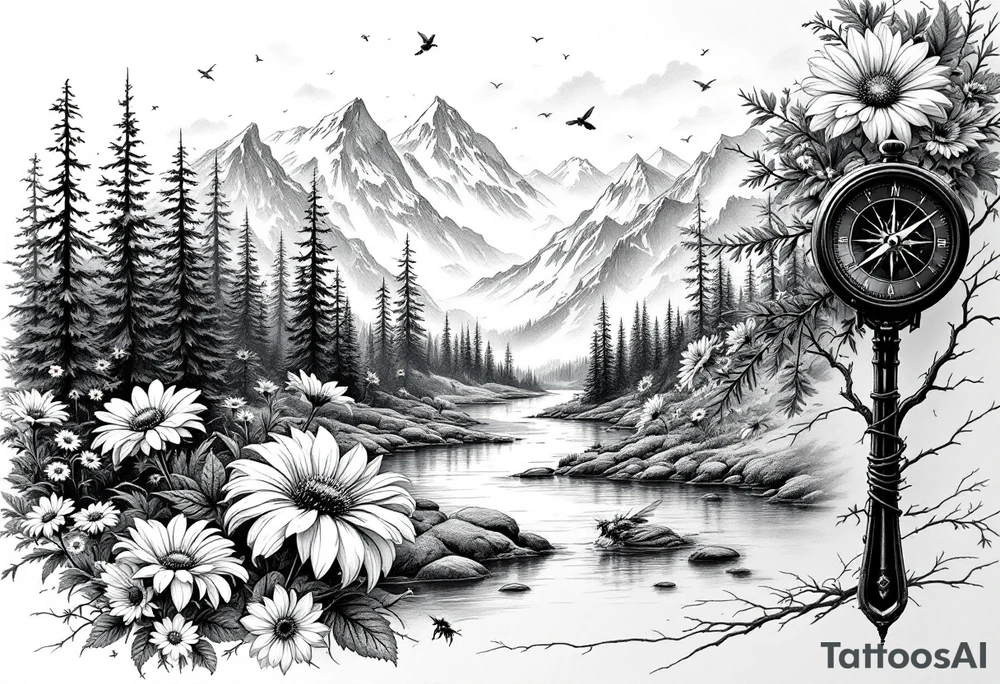 full arm black and white tattoo realistic nature landscape majestic river flowing down bright mountains trees, daisies, chrysanthemums a real bee on one flower a large compass on the forearm river flowing from top shoulder to bottom tattoo idea