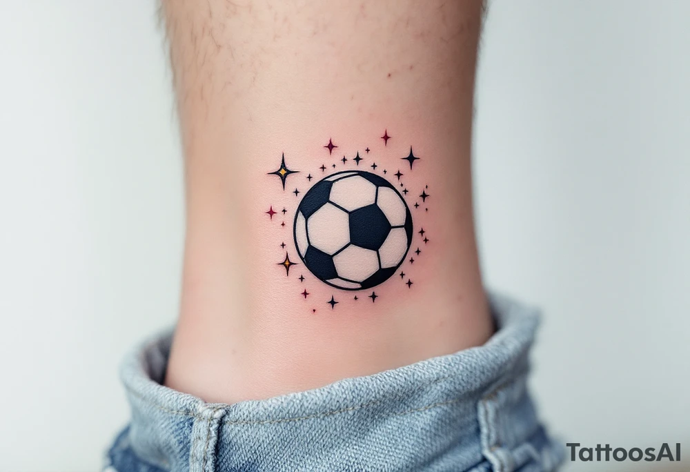 A small ankle tattoo of a pastel blue soccer ball with sparkles around it for a playful look. tattoo idea