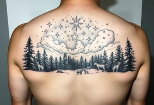 stars in the cloud with a stormy view with a forrest with animals tattoo idea