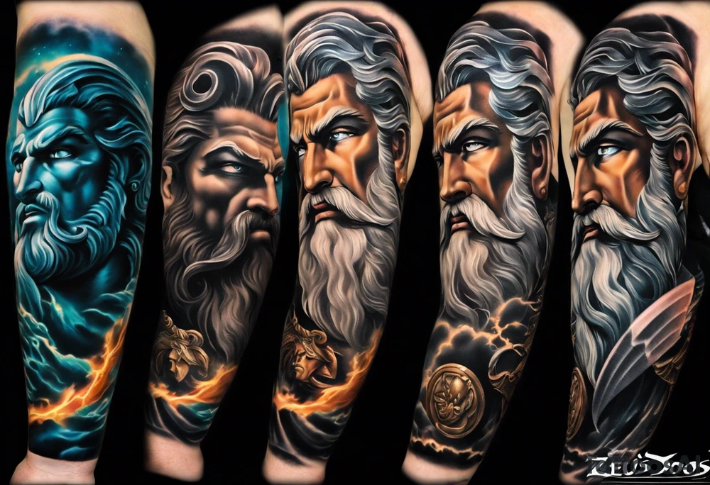 Full left arm tattoo sleeve with the Greek gods, Zeus, Poseidon and Hades. Zeus' face with a lightning bolt coming out of one eye is at the left shoulder, Poseidon's  face with a trident as one of his eyes is at the left upper arm and Hades' face with 
a bident as one of his eyes is at the left forearm. tattoo idea