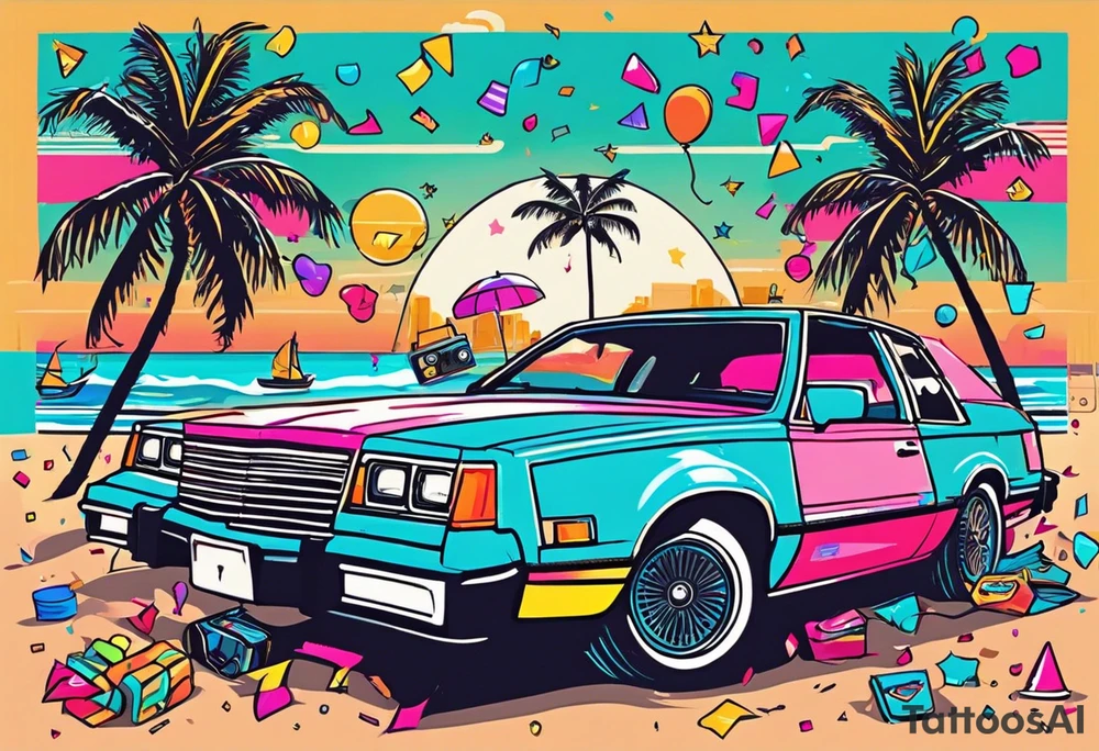 1980's style dance party with boom box and confetti in a beach theme. include people in 80's miami beach clothes, music note. Do not include cars tattoo idea