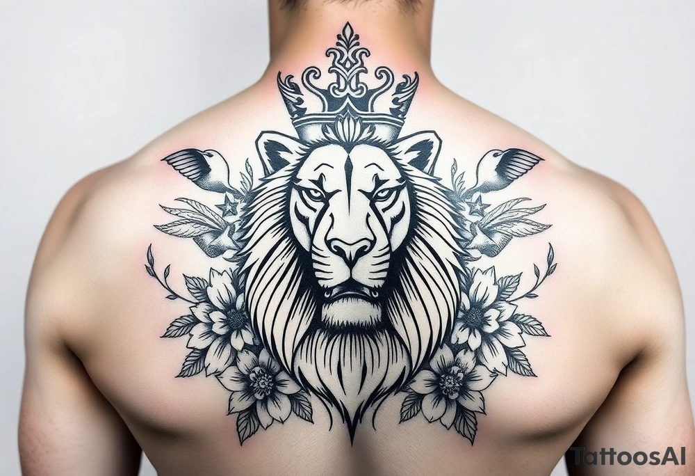 powerful majestic lion with a crown, surrounded by floral ornaments and birds tattoo idea