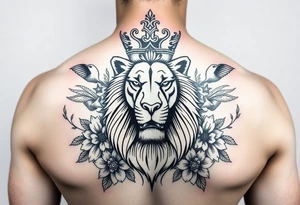 powerful majestic lion with a crown, surrounded by floral ornaments and birds tattoo idea