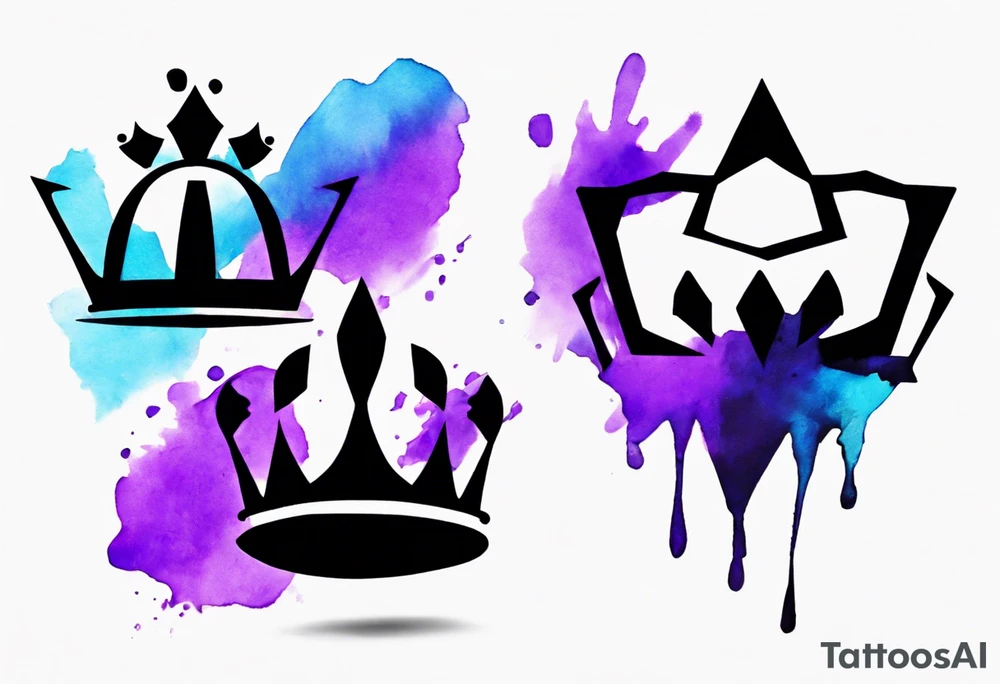 A tattoo of a minimalistic black crown and some negative space on a water color background of purple and blue. tattoo idea