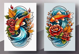 thigh tattoo with fall colors showing, leaves, koi fish, small flowers, roses, water flow, and sky tattoo idea