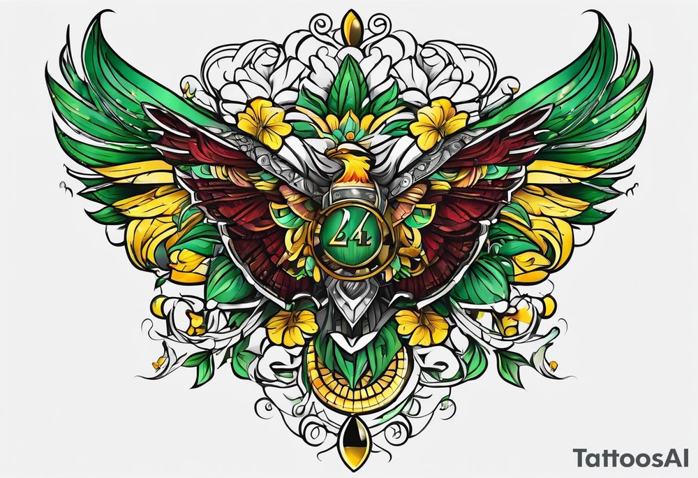 The number 24 with colors green, yellow, maroon and black tattoo idea