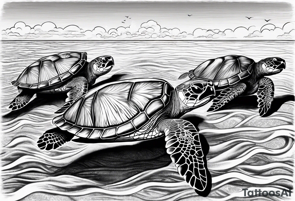 Four sea turtles swim in a row one after the other tattoo idea