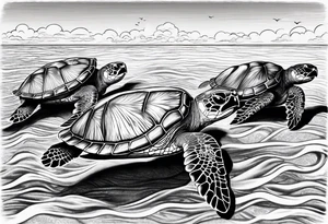 Four sea turtles swim in a row one after the other tattoo idea