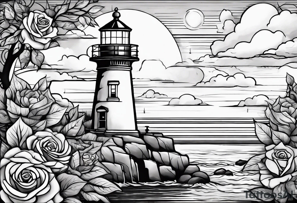thigh placement in fall colors, showing, light house, water, rocks, sky, clouds, leaves, roses tattoo idea