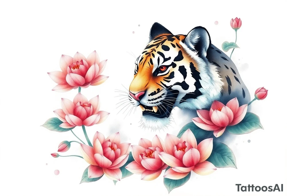 fierce tiger emerging through blooming lotus flowers in mist tattoo idea