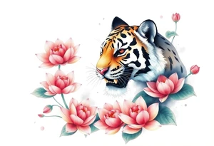 fierce tiger emerging through blooming lotus flowers in mist tattoo idea