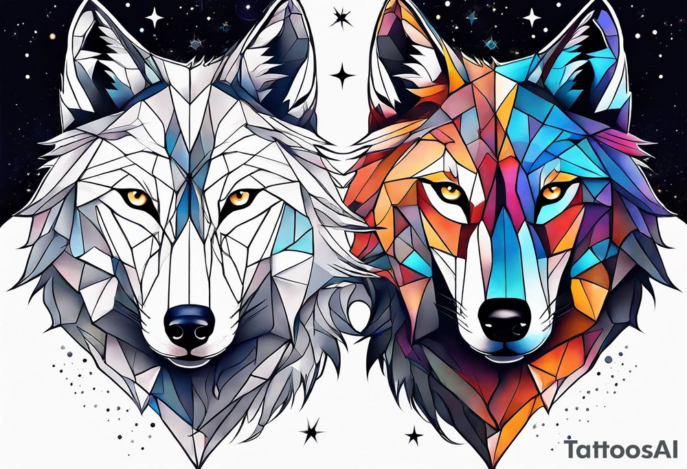 Constellation, two animal wolf, géométric tattoo idea