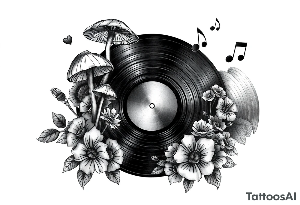 vinyl record with mushrooms, flowers, hearts, and music notes tattoo idea