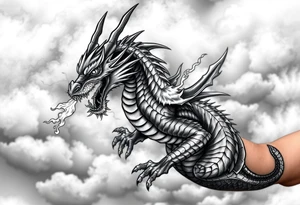 fierce dragon breathing iridescent fire against stormy skies tattoo idea