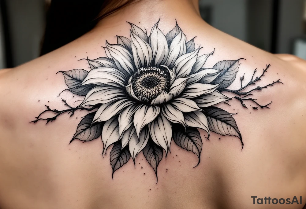Word "Phuong" written with sunflower tattoo idea