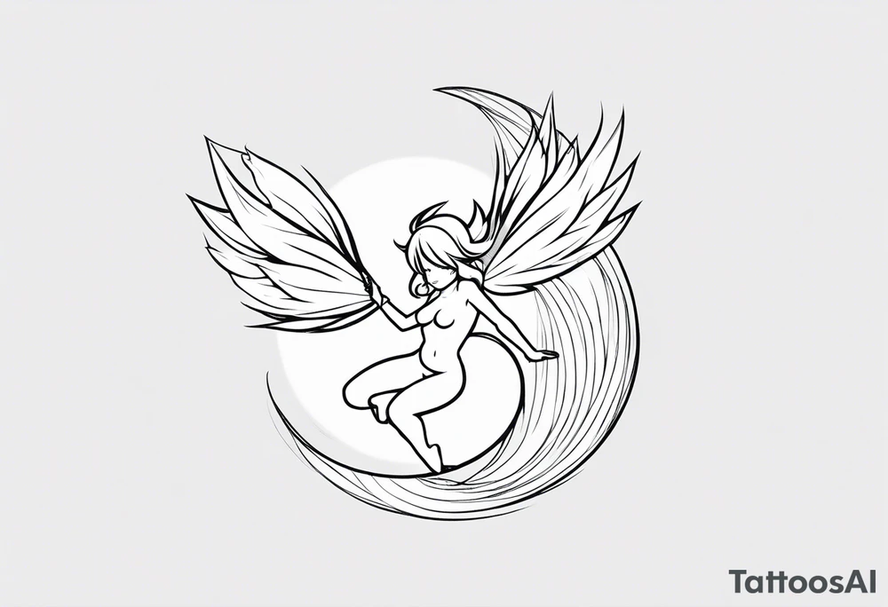 No color fairy with a tail inspired by the logo of the anime show called Fairy Tail in a fetal position leaning in and forward while in the air floating and sleeping tattoo idea