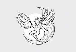 No color fairy with a tail inspired by the logo of the anime show called Fairy Tail in a fetal position leaning in and forward while in the air floating and sleeping tattoo idea