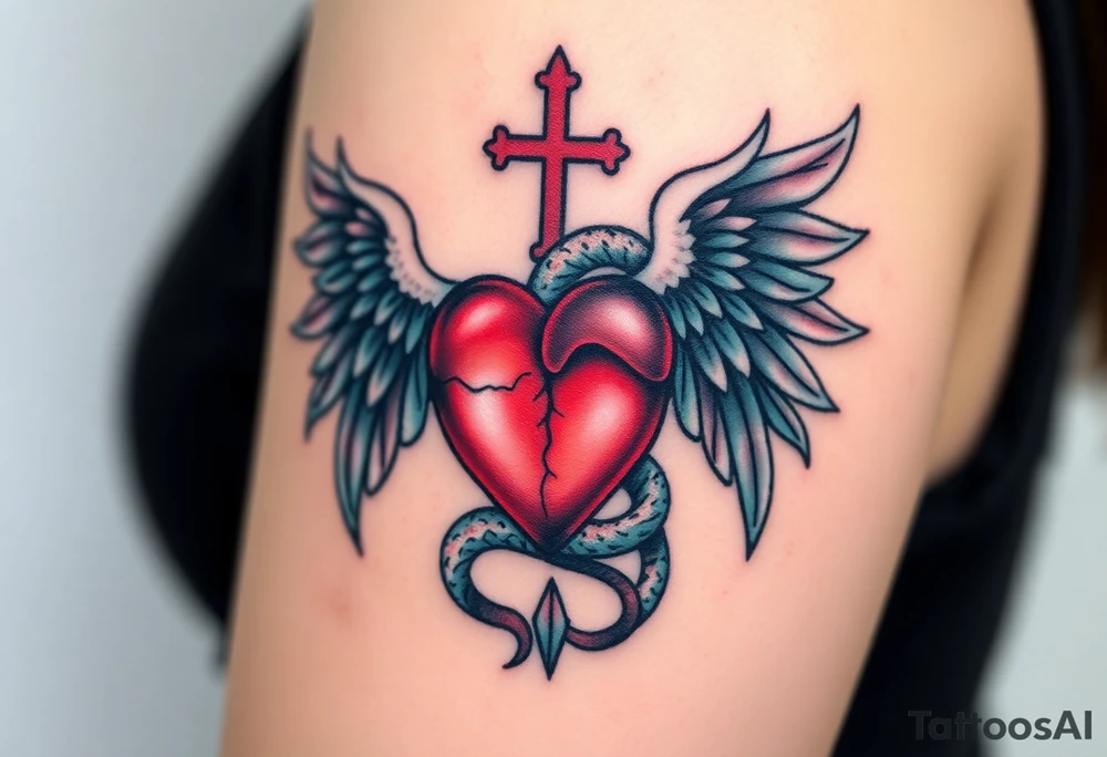 catholic sacred heart with wings and serpent cross tattoo idea