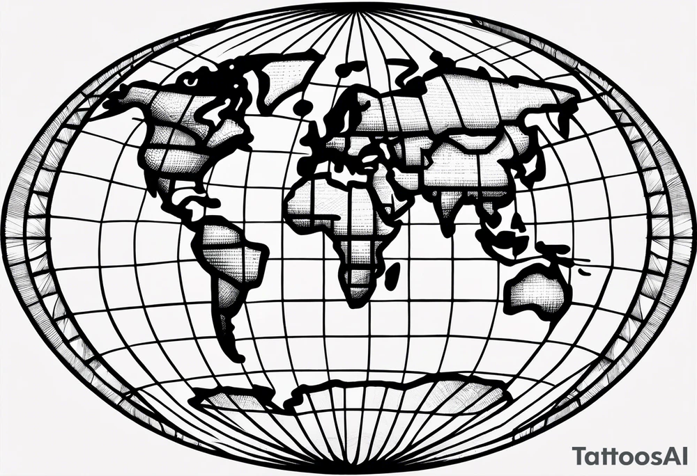 the earth on a flat map with no shading placed on a grid with only the lines with accurate depictions of the borders in countries while having it in an oval/circular position on a grid without any borders on the sides while having the countries not have such bold borders tattoo idea