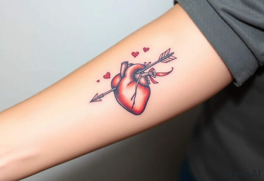anatomical heart pierced by ornate arrow with flowing ribbons tattoo idea