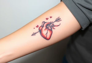 anatomical heart pierced by ornate arrow with flowing ribbons tattoo idea