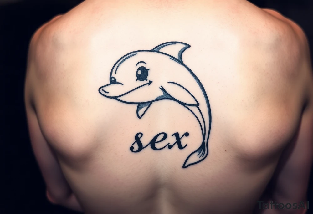 Cartoon dolphin with a mischievous face and the word sex tattoo idea