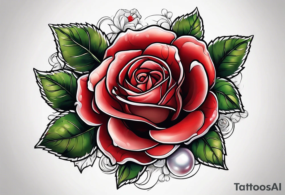 Red rose with a pearl necklace tattoo idea