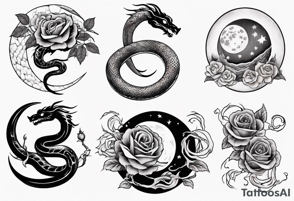 snake Japanese dragon playing with moon and roses tattoo idea