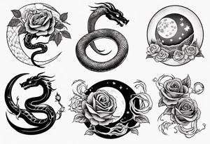 snake Japanese dragon playing with moon and roses tattoo idea