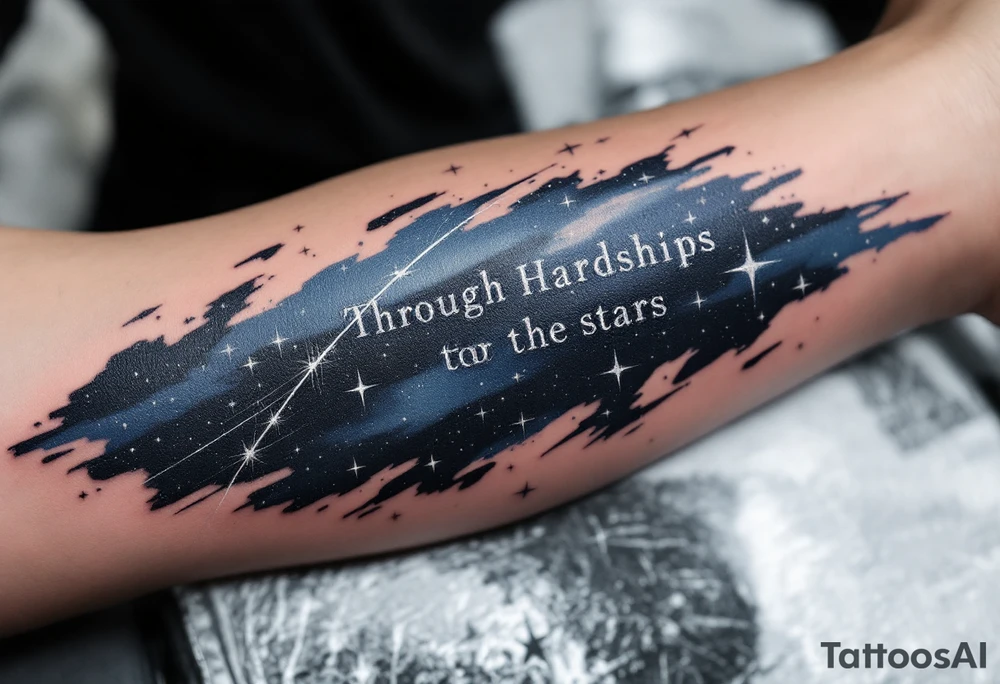 This tattoo combines quote “Through Hardships to the stars” with silver star trails over a midnight blue sky on the upper arm. tattoo idea