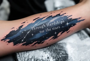 This tattoo combines quote “Through Hardships to the stars” with silver star trails over a midnight blue sky on the upper arm. tattoo idea
