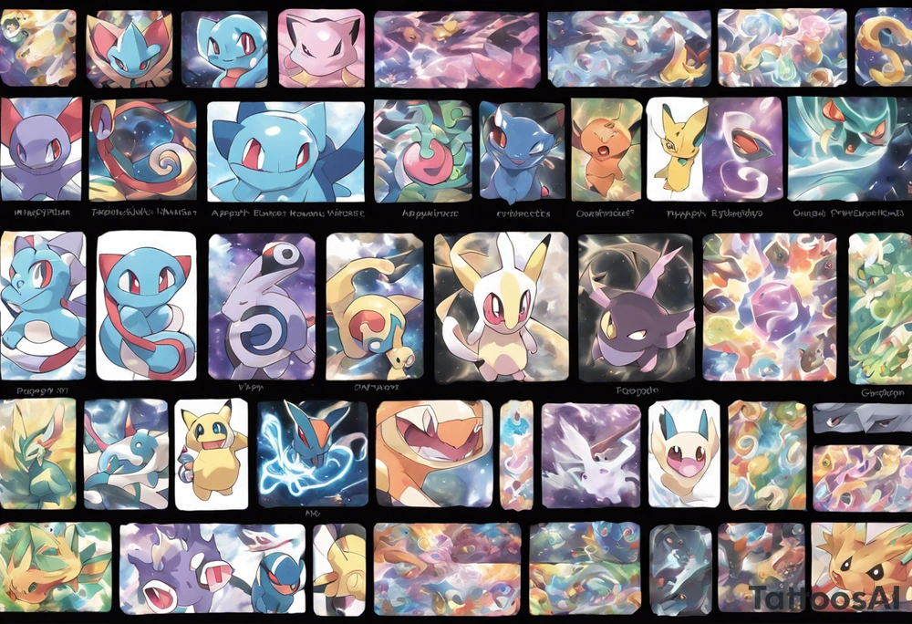 Pokemon arm sleeve,Mew*
Dratini*
Dragonair*
Dragonite*
Victini*
Applin*
Flapple*
Dragapult*
Cynthia and Garchomp
Meloetta
Jigglypuff*
Gengar*
Furret
Ampharos*
Sharpedo
Flygon 
Gothitelle
Chandelure 
Haxorus
Tyrunt 
Rowlet*
Salandit 
Togedamaru*
Mimikyu*
Drampa tattoo idea