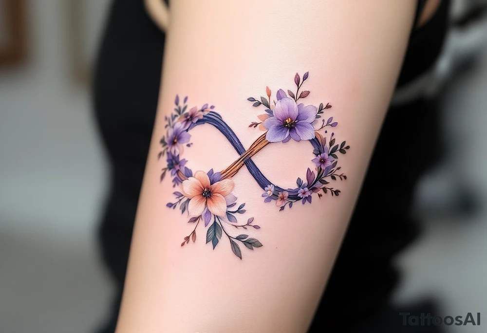 Floral infinity sign incorporating "Sofie – 8.6.2021 v 11:20" in lavender and soft beige. tattoo idea