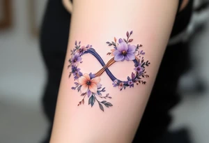Floral infinity sign incorporating "Sofie – 8.6.2021 v 11:20" in lavender and soft beige. tattoo idea