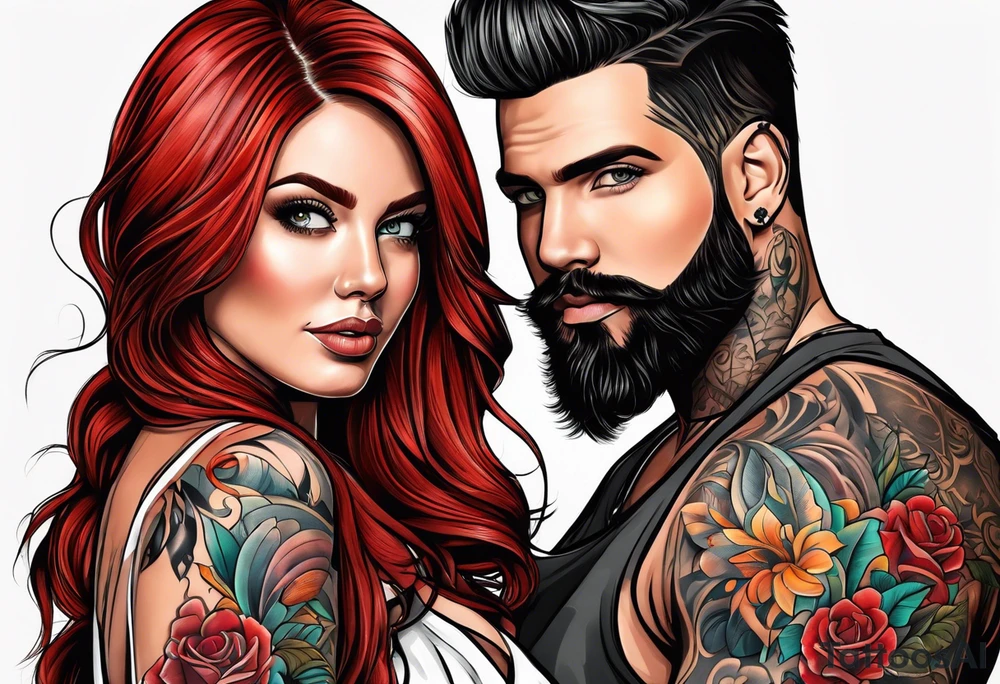 Busty red haired woman with a bearded man who has black hair getting married tattoo idea