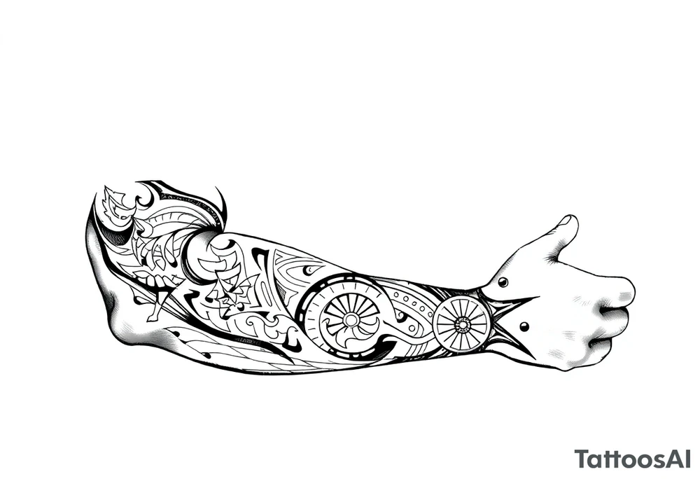 Sicilian Forearm tribal sleeve with patterns and symbols tattoo idea
