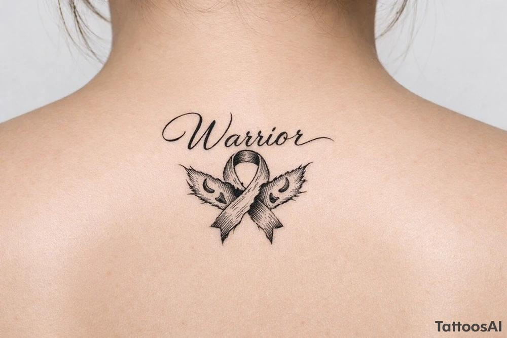 Warrior in cursive with sikkle cells ribbon torn tattoo idea